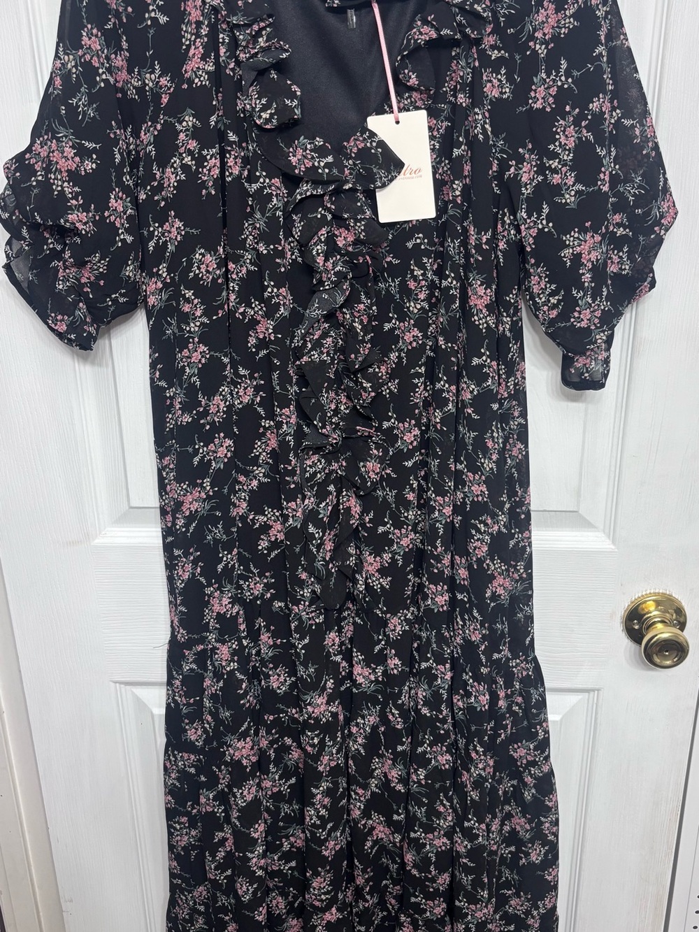 entro small Black Maxi Dress with Pink Floral Ruffle Detail
